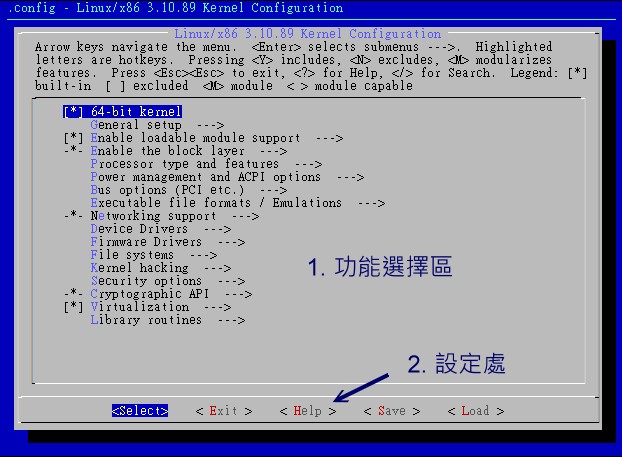 make menuconfig 核心功能挑選選單示意圖
