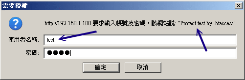 瀏覽到受保護的目錄時，瀏覽器出現的提示視窗示意圖