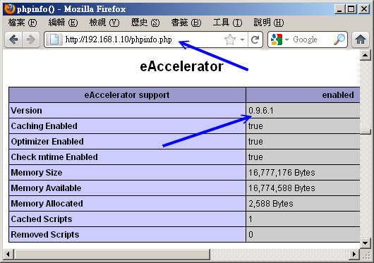 確定 eaccelerator 有運作的畫面