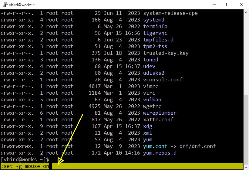 圖 10.3.4-3、tmux 在 session 內使用 mouse 功能