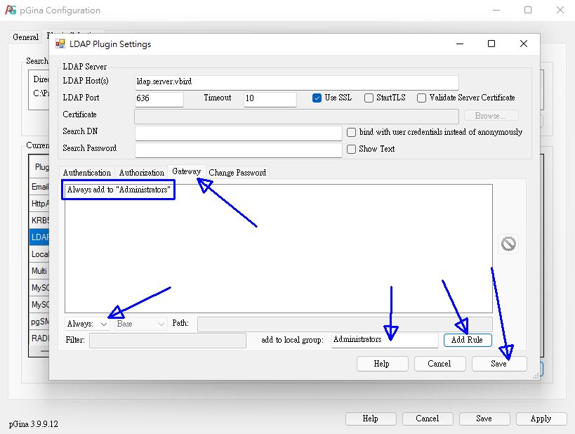 圖 11.2.5-6、pGina 在 LDAP 設定中，讓登入者都加入 Administrators 群組